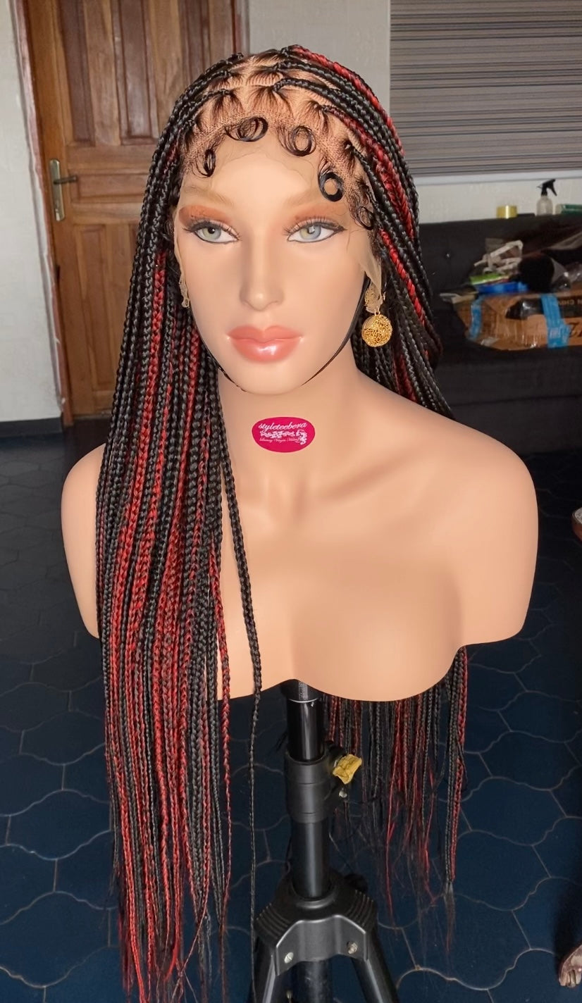 Medium size knotless box braid wig(black/red)