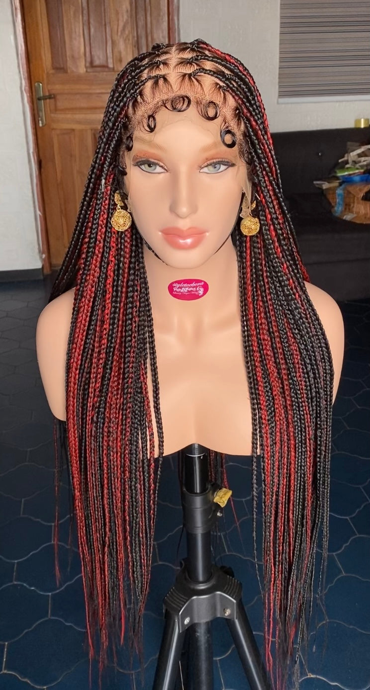 Medium size knotless box braid wig(black/red)