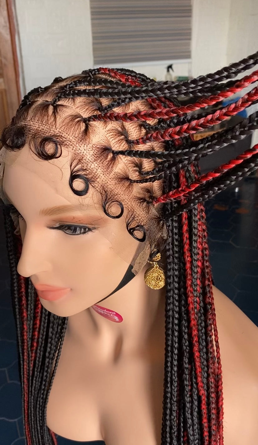 Medium size knotless box braid wig(black/red)