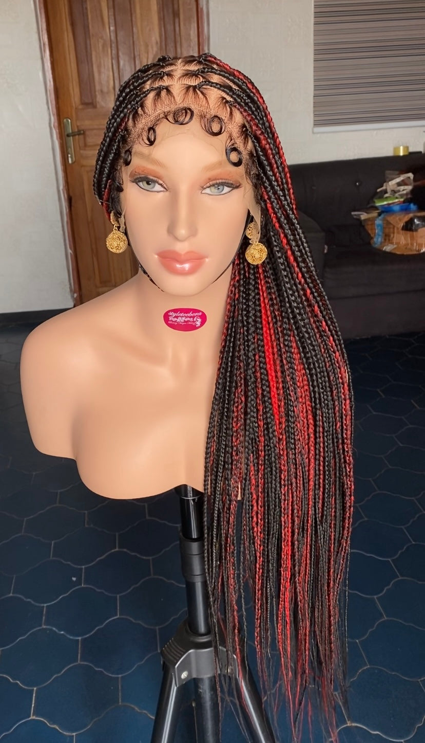 Medium size knotless box braid wig(black/red)