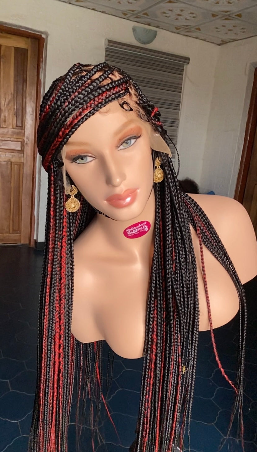 Medium size knotless box braid wig(black/red)